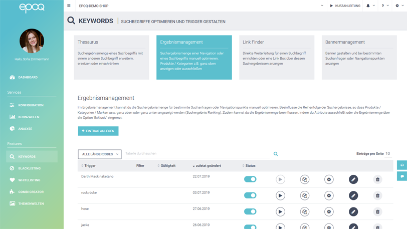 Der Screenshot zeigt das Ergebnismanagement im epoq Control Desk.