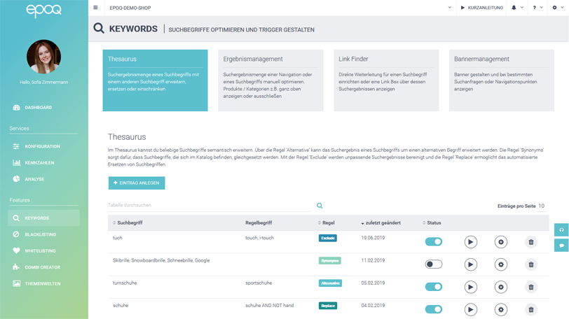 Der Screenshot zeigt die Thesaurus-Einstellungen im epoq Control Desk.