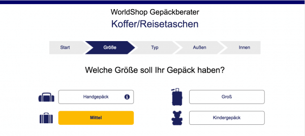 Die Darstellung der Größen-Auswahl im Online-Produktberater von Miles & More.