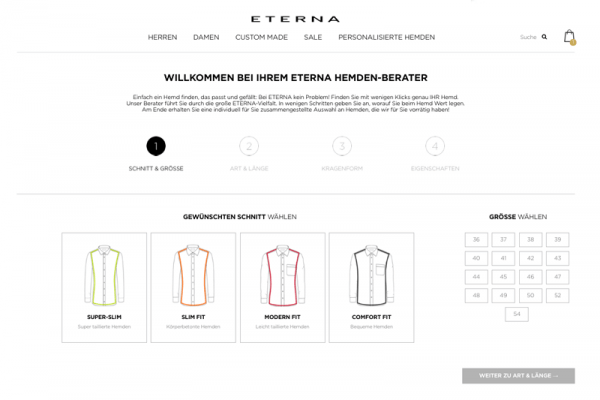 Screenshot des Eterna Hemdenberaters als Visualisierungsbeispiel für einen Online-Produktberater.