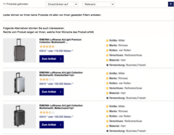 Kennzeichnung alternativer Produkte durch den Online-Produktberater von Miles & More.