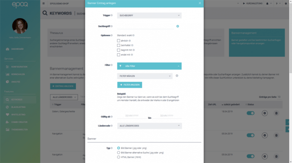 Der Screenshot zeigt das Bannermanagement im epoq Control Desk.