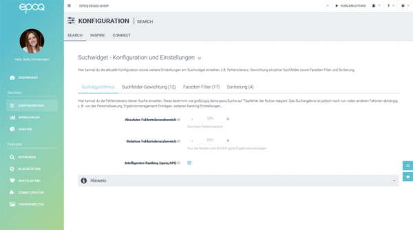 Der Screenshot zeigt die Konfigurations- und Einstellungsmöglichkeiten der intelligenten Suche im epoq Control Desk.