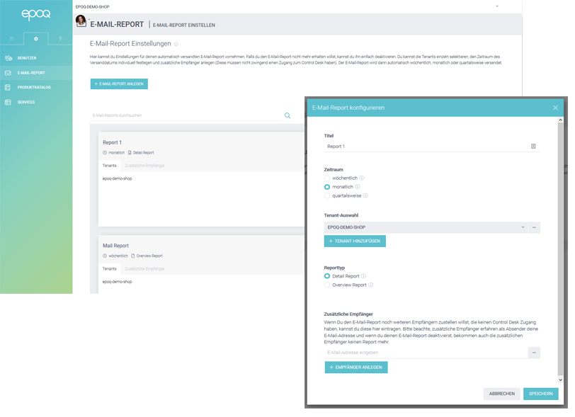 Der Screenshot zeigt die Einstellung der E-Mail Reports in den Accounteinstellungen im epoq Control Desk.