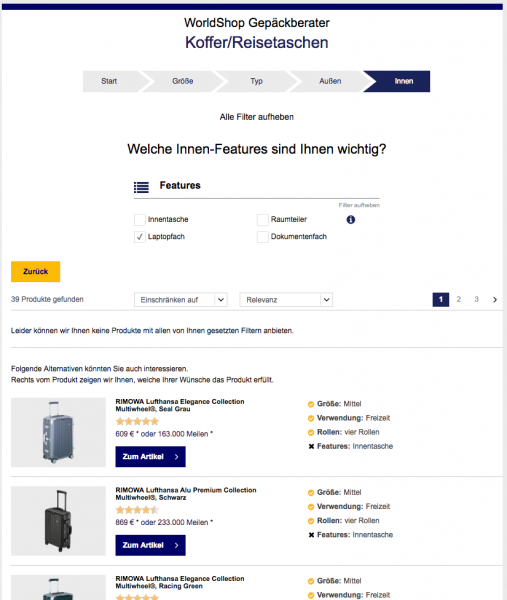 Screenshot von der Seite Worldshop Gepäckberater, die Features vom Produktfinder verwendet.