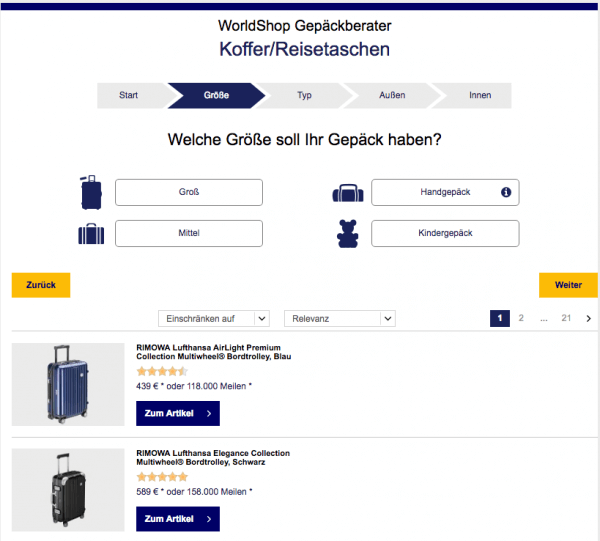 Screenshot von der Seite Worldshop Gepäckberater, die den Produktfinder verwendet.