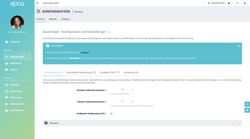 Angezeigt wird der Konfigurationsbereich der intelligenten Suche im epoq Control Desk.