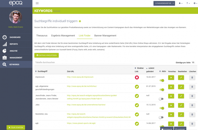 Ausschnitt Link Finder aus dem epoq™ Control Desk Ausschnitt Link Finder aus dem epoq™ Control Desk