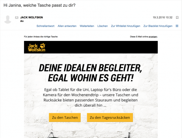 Personalisierter Betreff bei Jack Wolfskin
