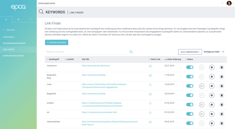 Der Screenshot zeigt einen Ausschnitt des Link Finders aus dem epoq Control Desk.