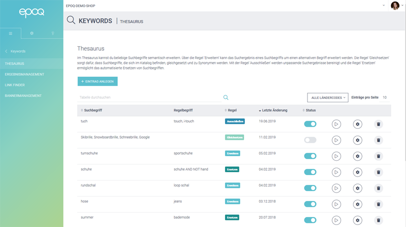Der Screenshot zeigt einen Ausschnit der Thesaurus-Funktion aus dem epoq Control Desk.