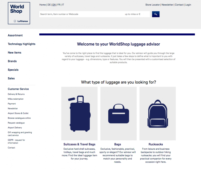 Screenshot of WorldShop's luggage advisor from Lufthansa