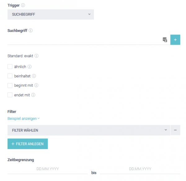 Der Screenshot zeigt einen Ausschnitt aus dem epoq Control Desk. Dargestellt wird das Bannermanagement, bei dem Suchbegriffe und weitere Optionen definiert werden können.