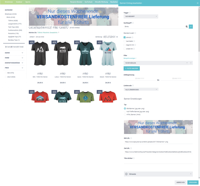 Das Bild zeigt die Vorschau für den Banner-Eintrag "Versandkostenfreie T-Shirts" sowie die Eingaben im Bannermanagement im epoq Control Desk.