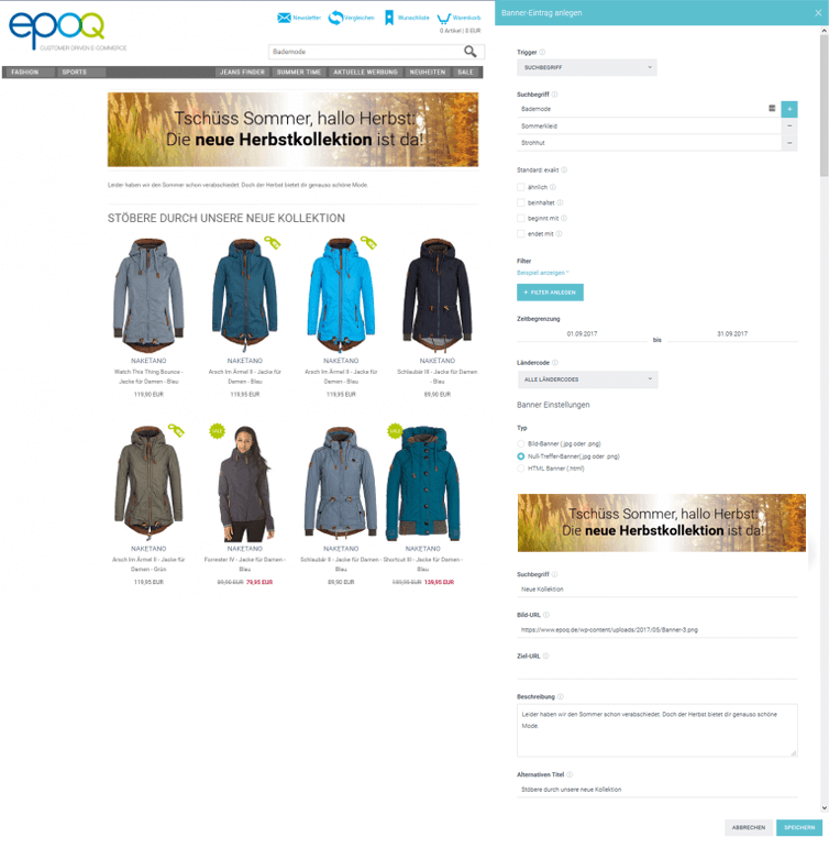 Das Bild zeigt die Vorschau für den Banner-Eintrag "Start der Herbst-Winder-Kollektion" sowie die Eingaben im Bannermanagement im epoq Control Desk.