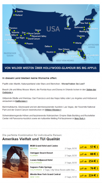 Der Screenshot zeigt ein Beispiel für E-Mail-Automation bei TUI. Dargestellt wird ein Newsletter mit dynamischer Preisausspielung.