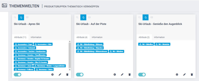 Der Screenshot zeigt das Feature Themenwelten im epoq Control Desk, mit dem digitales Storytelling realisiert werden kann. Man sieht verschiedene Themen, die im Control Desk angelegt sind.
