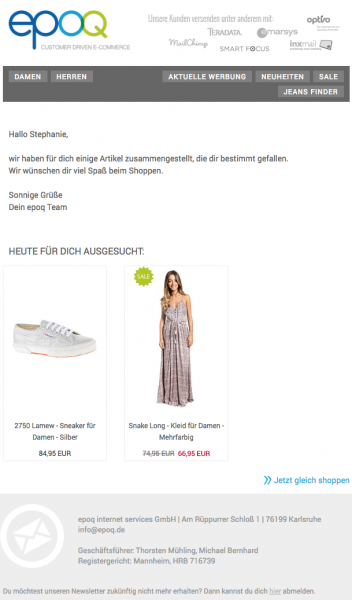 E-Mail aus dem epoq Demo-Shop mit Personalisierung der Inhalte.
