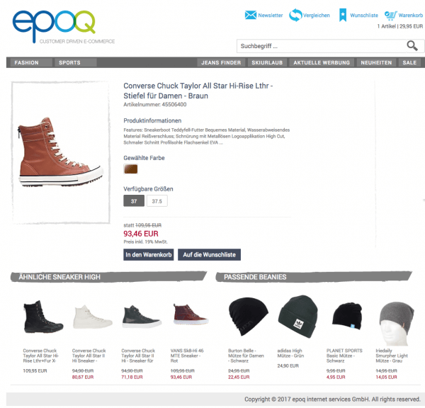 epoq Demo-Shop mit Personalisierung der Empfehlungen