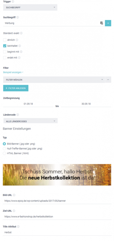 Der Screenshot zeigt ein Beispiel im Banner Management. Dem User wird bei Eingabe des Keywords „Herbst“ das entsprechende Banner angezeigt, welches zu einer Landingpage leitet. Die Zielsetzung dabei: Conversion steigern.