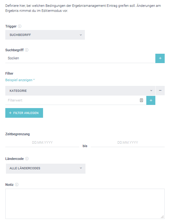 Der Screenshot zeigt ein Beispiel im Ergebnismanagement, um die Conversion zu steigern. Über die Auswahl verschiedener Filter lässt sich die Ergebnismenge zum Suchbegriff „Socken“ bearbeiten.