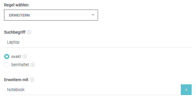 Der Screenshot zeigt ein Beispiel im Thesaurus um die Conversion zu steigern. Bei Eingabe des Suchbegriffs „Laptop“ werden bei Auswahl der Erweitern-Regel auch Ergebnisse zu „Notebook“ angezeigt.