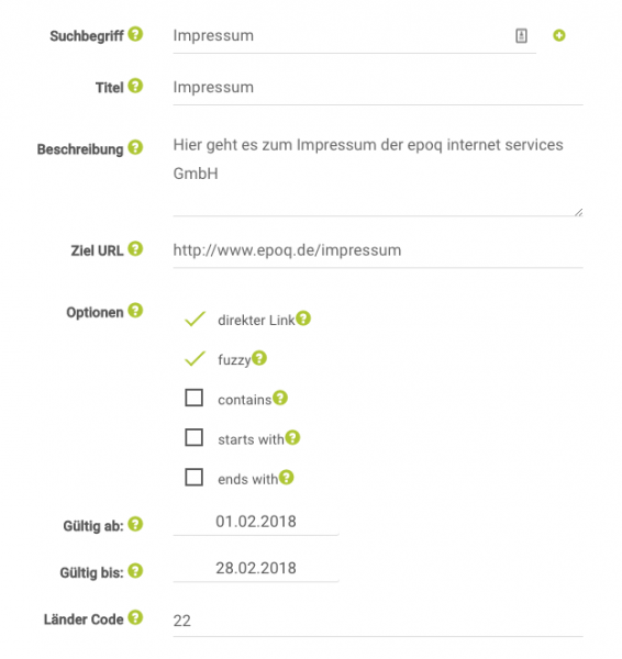 Einstellungsübersicht des Link Finder für den Suchbegriff "Impressum"