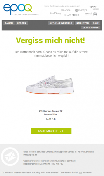 Beispiel einer Warenkorbabbruchmail. So kann im Checkout-Prozess auf einen Abbruch reagiert werden.