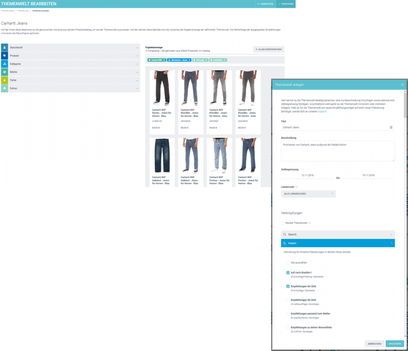 Der Screenshot zeigt die Erstellung von Themenwelten am Beispiel Cahartt im epoq Demo-Shop.