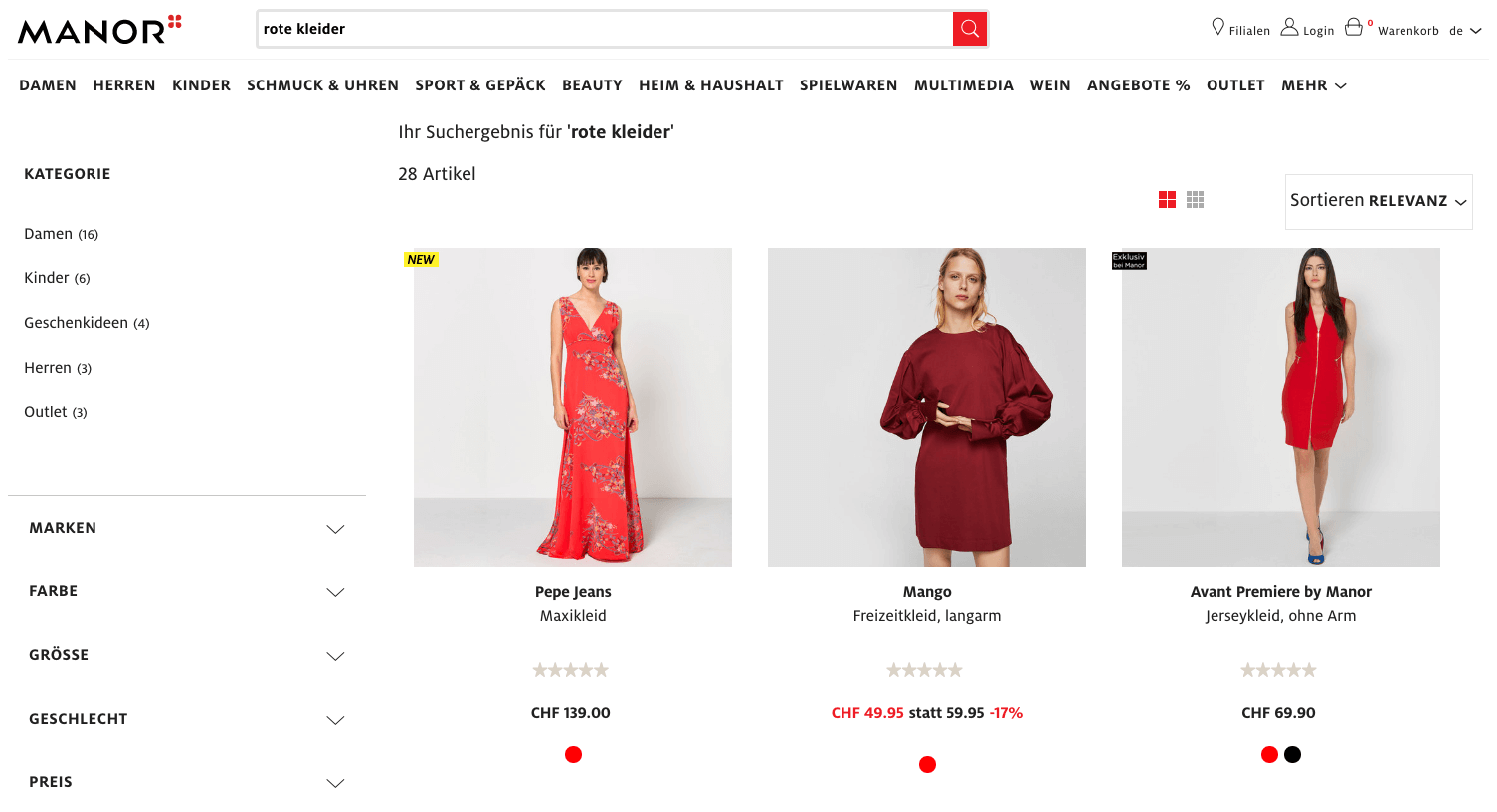 Der abgebildete Screenshot zeigt die Sucheingabe "rote kleider" in einem Online-Shop. Um die Sucheingabe verstehen und bearbeiten zu können, benötigt der Online-Shop eine semantische Suche.