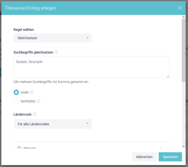 -Der Screenshot zeigt einen Ausschnitt des Thesaurus im epoq Control Desk. Dargestellt wird ein Beispiel für die Regel Gleichsetzen.