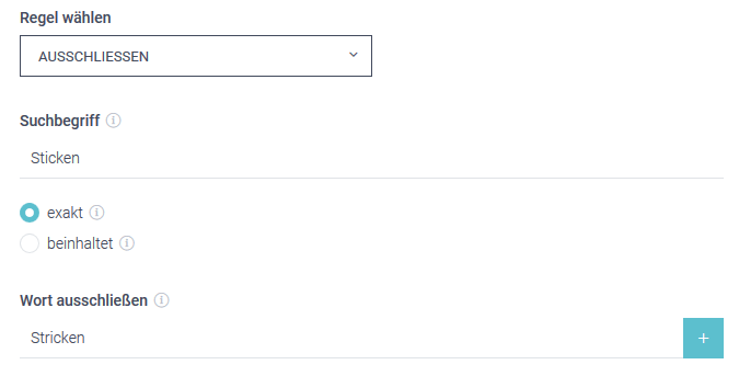 -Der Screenshot zeigt einen Ausschnitt des Thesaurus im epoq Control Desk. Dargestellt wird ein Beispiel für die Regel Ausschließen.