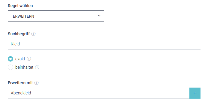 Der Screenshot zeigt einen Ausschnitt des Thesaurus im epoq Control Desk. Dargestellt wird ein Beispiel für die Regel Erweitern.