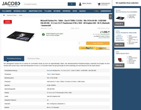 Recommendaton Widget als Panel im Online-Shop (Quelle: Online Shop von JACOB Elektronik GmbH)