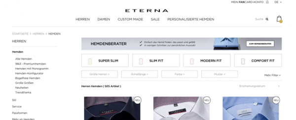 Der Screenshot zeigt den Online Shop von ETERNA mit einem Banner-Hinweis zum Hemdenberater. Dieser ist ein Beispiel für Guided Selling im E-Commerce.