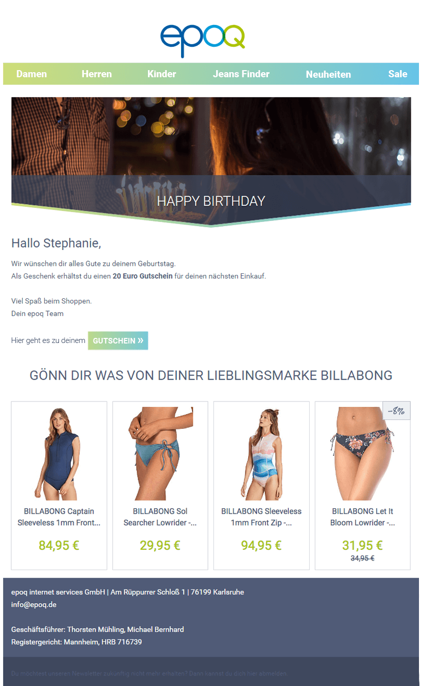 Beispiel einer Trigger-Mail zum Geburtstag mit personalisierten Inhalten von epoq