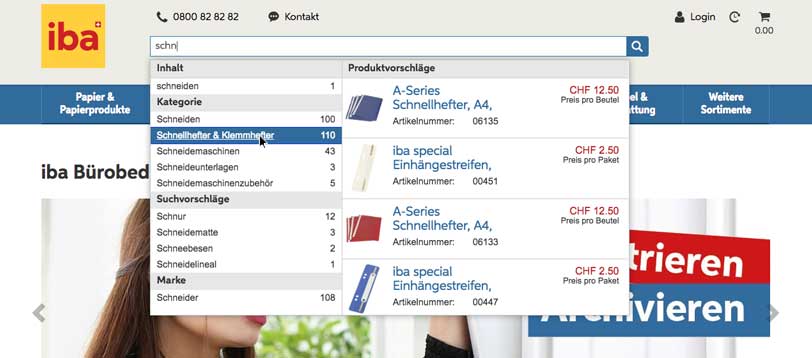Screenshot einer intelligenten Suche mit Produktvorschlägen eines Beispiel-Shops aus dem B2B E-Commerce.