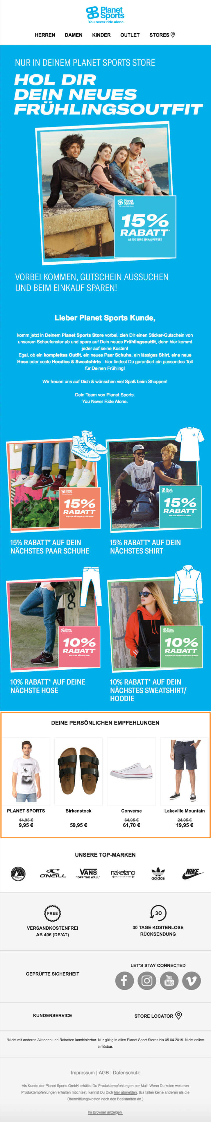 Screenshot einer E-Mail-Kampagne von Planet Sports, in der persönliche Empfehlungen ausgespielt werden.