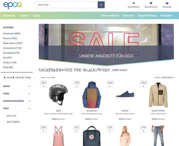 Der Screenshot zeigt ein Beispiel für eine Suchergebnisseite zum Suchbegriff "Black Friday" mit passendem Banner, um Kunden auf die Angebote aufmerksam zu machen.