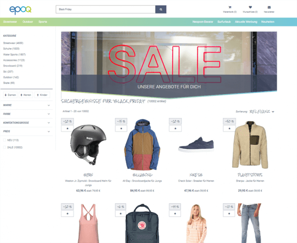 Der Screenshot zeigt ein Beispiel für eine Suchergebnisseite zum Suchbegriff "Black Friday" mit passendem Banner, um Kunden auf die Angebote aufmerksam zu machen. Dies ist ein Tipp unseres Leitfadens für einen erfolgreichen Black Friday.