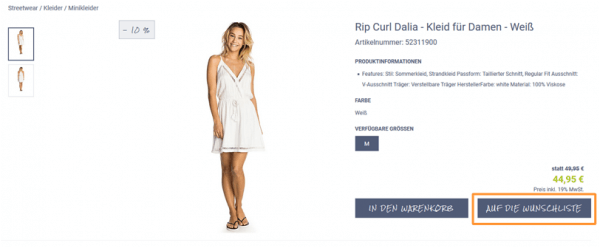 Der Screenshot zeigt einen Ausschnitt aus dem epoq Demo-Shop. Dargestellt wird eine Produktdetailseite, auf der ein Call-to-Action zu finden ist, um sich ein Produkt für später in einem Merkzettel zu speichern.