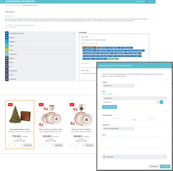 Der Screenshot zeigt den angelegten Ergebnismanagement-Eintrag und das Bearbeiten der Suchergebnisse im Control Desk von Tableware24.