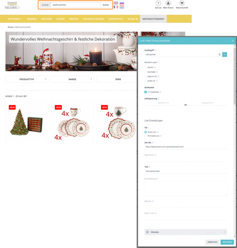 Der Screenshot zeigt den angelegten Link Finder-Eintrag im Control Desk von Tableware24.