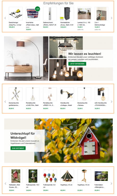 Der Screenshot zeigt einen Ausschnitt der Startseite von Hagebau. Der Online Shop gestaltet diese unter anderem mit der Platzierung von persönlichen und kategoriebezogenen Empfehlungen.