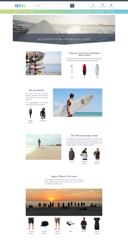 Der Screenshot zeigt eine Content-Seite zum Thema Surf-Trip, auf der thematisch passende Produktempfehlungen angezeigt werden.