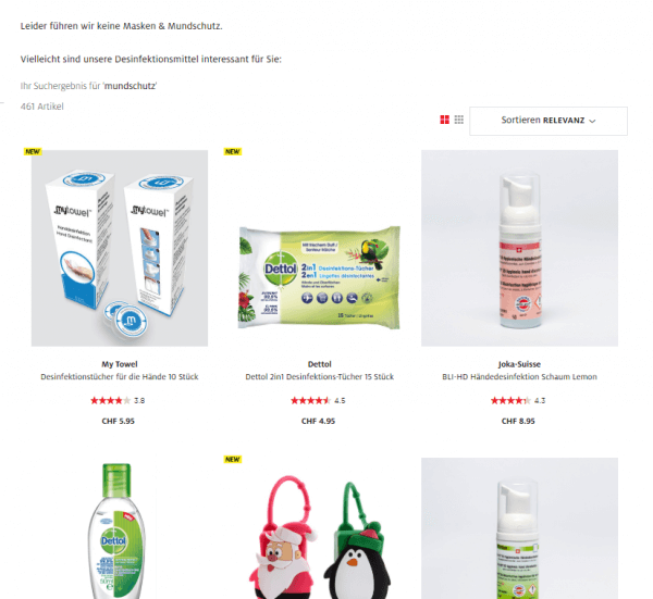 Der Screenshot zeigt die Suchergebnisseite zur Suchanfrage "mundschutz". Da diese Produkt nicht im Online Shop geführt wird, wird der Nutzer auf alternative Produkte hingewiesen.