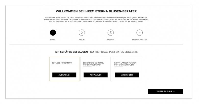 Beispiel eines Produktberaters im Online Shop von ETERNA. In der Phase der Produktauswahl kann ein digitaler Berater Shopkunden auf ihrer digitale Customer Journey unterstützen.