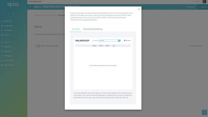 Der Screenshot zeigt ein Beispiel für eine Standard-Null-Treffer-Seite im Null-Treffer-Management des Control Desk.