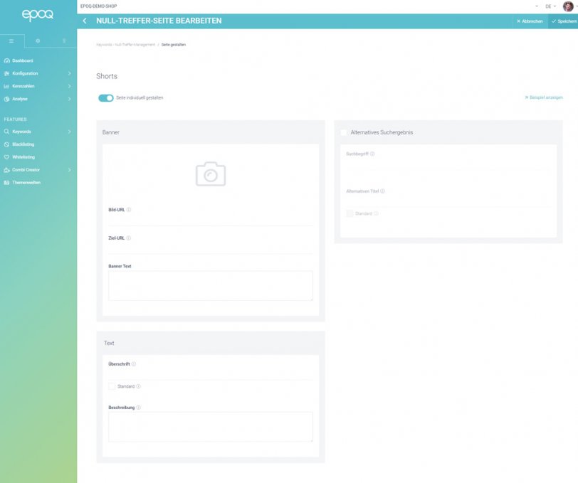 Der Screenshot zeigt wie man im Null-Treffer-Management des Control Desk eine individuelle Null-Treffer-Seite individuell bearbeiten kann.