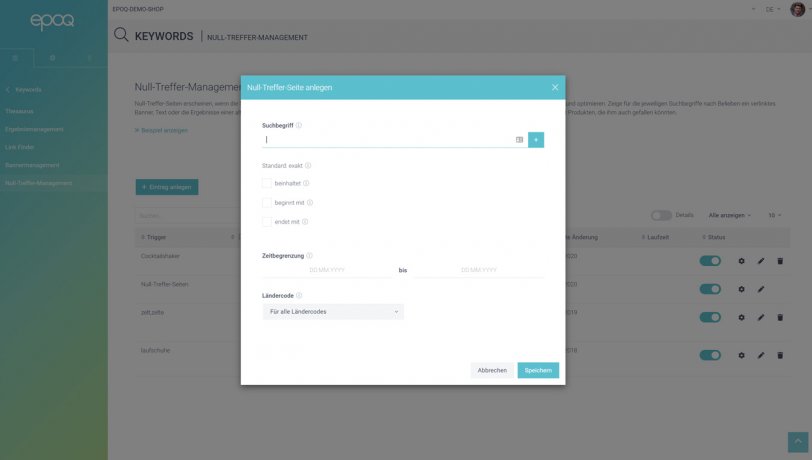 Der Screenshot zeigt, wie man im Null-Treffer-Management des Control Desk eine Null-Treffer-Seite anlegen kann.